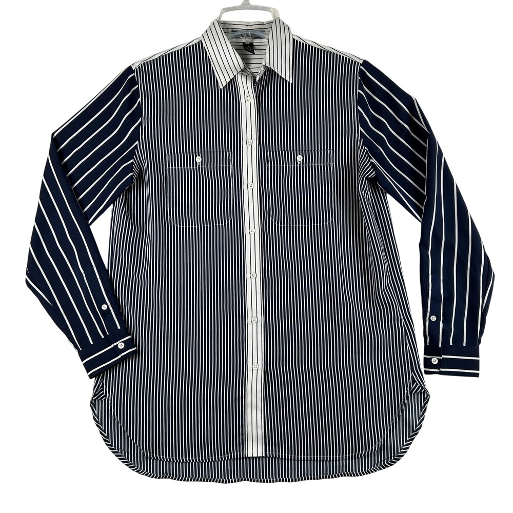 Lauren Ralph Lauren Button Up Shirt Womens Small Satin Blue Striped Long Sleeve